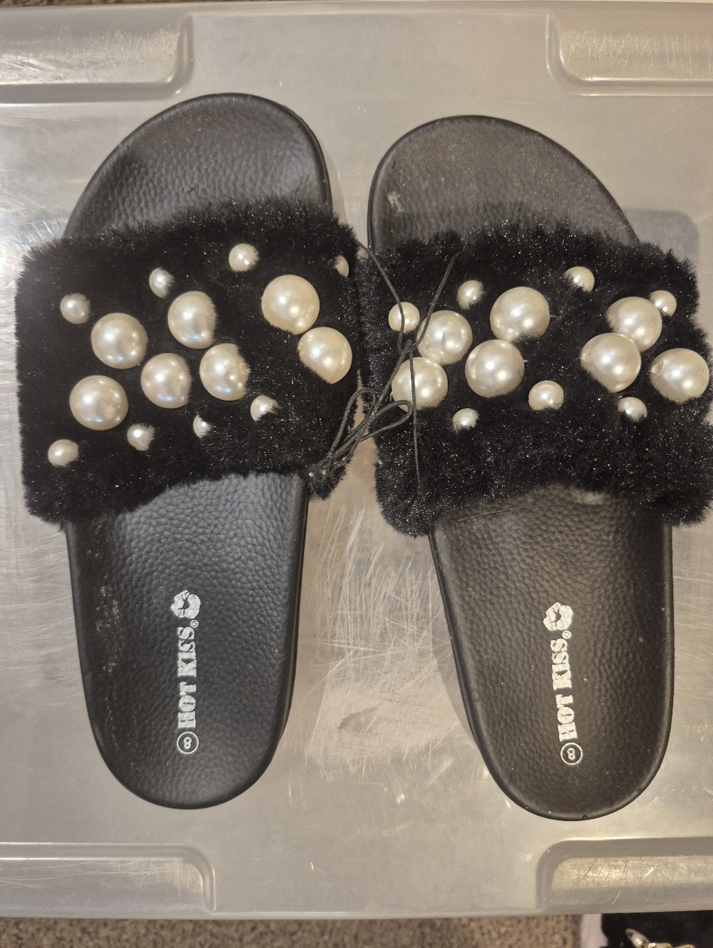 Hot Kiss Black Faux Fur Slides with Pearl Embellishments